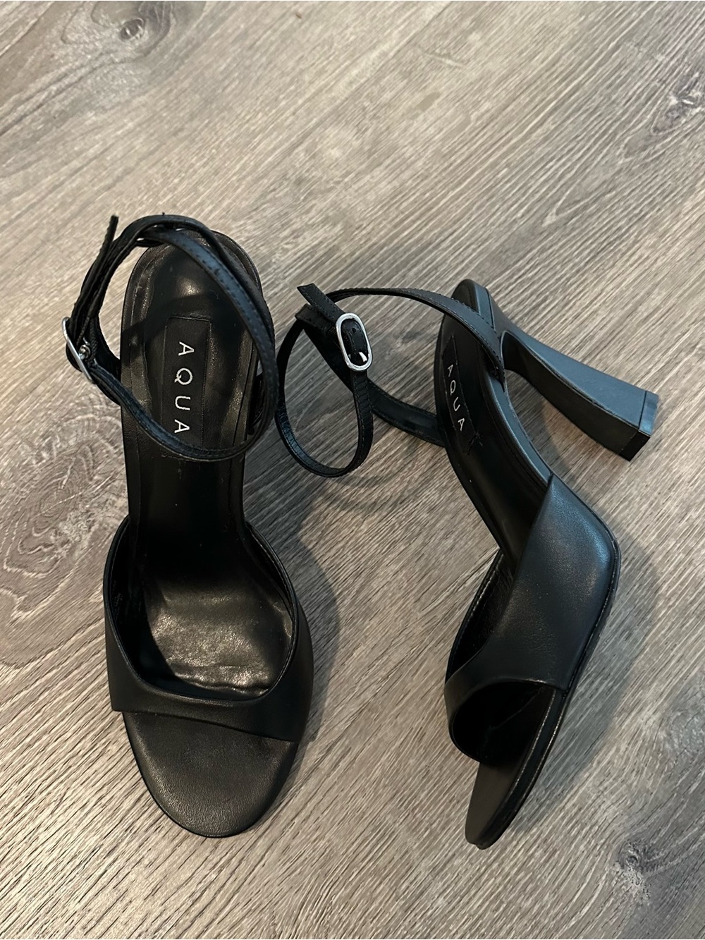 Aqua black genuine leather heeled sandals womens 7.5
